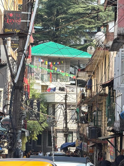 This image captures a busy street scene in Dharamshala, India, with a strong focus on a dense tangle of overhead electrical wires. Several buildings with varying architectural styles are visible, some appearing older with traditional elements and others more modern. A prominent green-roofed building stands out amidst the clutter. Prayer flags, in multiple colors, are strung across some of the buildings, suggesting a cultural or religious context common in Himalayan regions.

Several signs are legible, offering clues about the businesses and services in the area. "Black Magic," "Ashokan," and "RTAURAN" (likely indicating "Restaurant") are visible, hinting at food establishments. A "POLICE STATION" sign is also present, and "NO PARKING" indicates traffic regulations. One sign displays "VIDEOCON d2h," a common cable TV service provider in India.

The overall impression is one of a lively, somewhat chaotic urban environment where everyday life unfolds amidst the infrastructure of electrical cables. The lighting suggests it's daytime, likely sunny, given the clear visibility. There are glimpses of people in the background, suggesting this is a public thoroughfare with ongoing activity, though no specific event is clearly depicted. The sheer density of wires is a dominant visual element, creating a visually complex and layered composition.