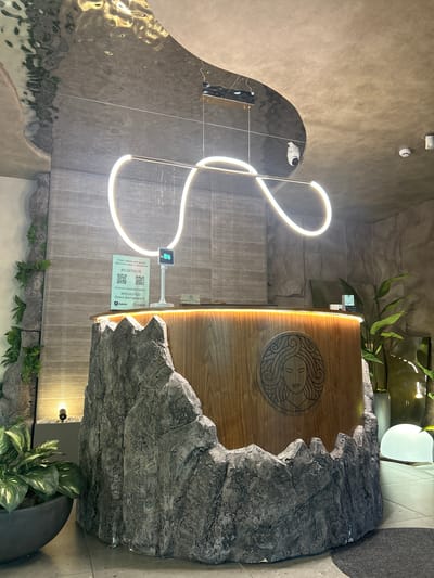 The image depicts the interior of a reception area, likely a spa or beauty salon, featuring a unique design. The reception desk is a prominent focal point, constructed with a wooden front adorned with a circular emblem of a woman's face. The base of the desk is designed to resemble rugged, rocky terrain, with faux stone elements creating a naturalistic and cave-like appearance. Above the desk, a modern, abstract LED light fixture hangs from the ceiling, emitting a soft glow.
The walls of the reception area are textured, resembling rough stone or concrete. A plant with lush green leaves is situated to the left of the reception desk, adding a touch of greenery to the space. The ceiling has a reflective, wavy texture, possibly a metallic finish, that mirrors the lighting and elements of the room.
On the reception desk, a small digital screen displays information, and a sign with text and QR codes is visible, suggesting payment or contact details. Security cameras are mounted on the ceiling, indicating a focus on surveillance. The overall aesthetic is a blend of natural and modern design, aiming to create a serene and perhaps luxurious atmosphere. The location is identified as Postol, Russia.