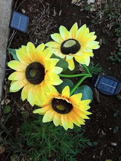 An overhead, high-angle, close-up shot shows three artificial sunflowers with yellow petals and dark brown centers arranged in a cluster on the ground. Two black, square solar-powered lights with thin wires are visible, one to the left and another to the right of the sunflowers. The ground is covered in dark soil, fallen leaves, and small green plants. The scene is set outdoors in a garden or yard.