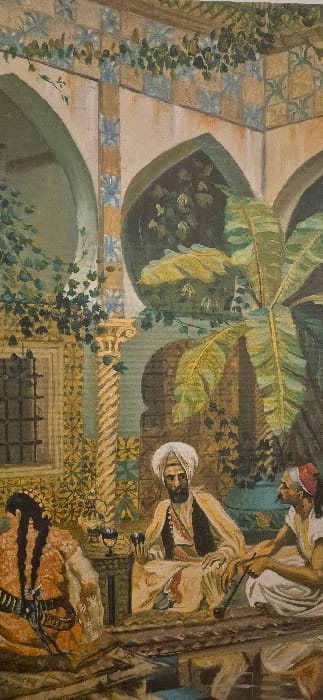 Within an ornately tiled courtyard filled with lush, overhanging banana plants, two men are engaged in an action. One stands over a seated man, both adorned in turbans and Middle Eastern attire. The standing man seems to be extracting a tooth from the seated man. The scene is rich in detail, with intricate patterns on the walls and floor.