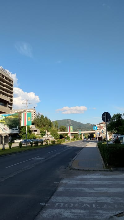 The image shows a street scene in Smolyan, Bulgaria. In the foreground, a pedestrian crossing is visible on the asphalt road. To the right, a sidewalk with tactile paving and a trimmed hedge line the street. Beyond the hedge, a white van and a person are partially visible. Traffic signs, including a blue circular sign with a white arrow indicating a left turn and a round black and white sign, are positioned on the sidewalk.

The road stretches into the distance, with several cars driving on it. On the left side of the road, a tall, multi-story building with balconies dominates the foreground. A billboard with an advertisement is attached to the building. Further down the road, a series of streetlights with Bulgarian flags hanging from them are visible. Behind the flags, a bridge spans the road, and more flags are displayed on it. In the background, a dense forest covers rolling hills and a mountain, under a clear blue sky with scattered clouds. The overall impression is a sunny day in a town surrounded by nature.