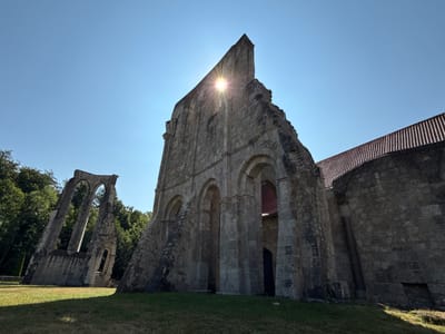 The image shows the ruins of the Walkenried Abbey in Walkenried, Germany. The sun shines brightly through a triangular opening in a large stone wall, creating a starburst effect. To the left, the remnants of another stone structure with arched openings stand against a backdrop of green trees. The foreground consists of a grassy lawn. The sky is clear and blue.