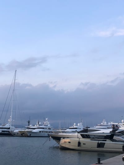 The image shows a marina in Palaio Faliro, Greece (37.929, 23.685). The marina is filled with a line of docked yachts, mostly white in color. The sky is overcast with gray clouds. The water is calm and reflects the gray tones of the sky.  The yachts are arranged in a line, with the largest one closest to the camera, its white hull visible. Several other, smaller yachts are further back in the line, partially obscured by the larger boat. There are no people visible in the scene.