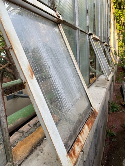 The image depicts a section of a dilapidated greenhouse with weathered glass panes and rusty metal frames. The greenhouse appears to be located in a garden or natural setting, with trees and foliage visible in the background. The glass panes are streaked with dirt and water marks, indicating neglect and age. The foreground shows a stone wall supporting the greenhouse structure, with some debris and vegetation scattered around. The overall impression is one of disrepair and abandonment. There are no people or animals visible in the scene. The image does not provide any specific information about its location in Lyon, France.