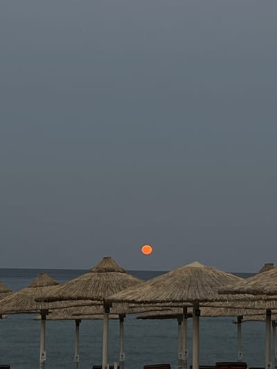 The image shows a beach scene in Toroni, Greece, likely during twilight. In the foreground, several straw-thatched beach umbrellas are lined up, casting shadows. The umbrellas are made of natural materials and supported by white poles. Behind the umbrellas, the calm sea is visible, transitioning into the horizon. In the upper part of the image, a small, bright orange disc, possibly the moon or a distant sun, is present against a dark gray sky. The overall atmosphere is serene and tranquil, suggesting the end of the day or early morning. There are no people visible in the frame.