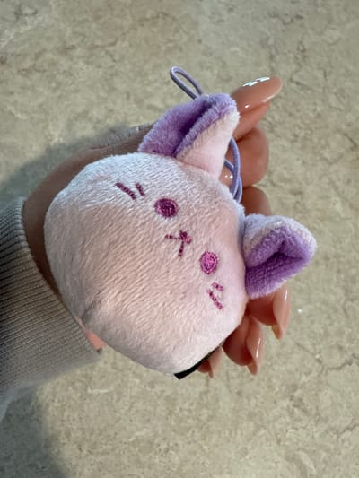 A close-up shot depicts a hand holding a small, plush cat toy with a pale pink body and purple ears. The cat's face is embroidered with purple features, including eyes and whiskers. A purple elastic band is attached to the toy, suggesting it might be a hair tie or accessory. The hand holding the toy has manicured nails. The background consists of a neutral-toned surface. There is no location data to determine Orlando, United States.