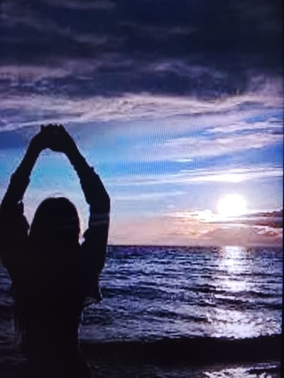 A silhouette of a person with their arms raised in a V-shape stands on a dark beach, facing a body of water. The sky above is a gradient of deep blue and purple clouds, with a bright sun low on the horizon, casting a shimmering reflection on the choppy water. The scene suggests a serene or contemplative moment at dusk or dawn. The location is not specified in the image.