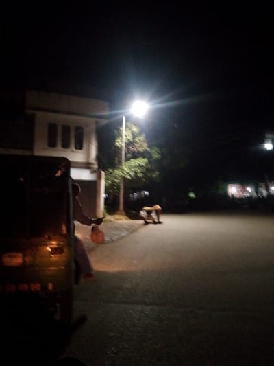 At night, in Peshawar City Tehsil, Pakistan, an auto-rickshaw is parked on a street. A person wearing a light-colored garment and a darker outer layer is standing beside the auto-rickshaw, holding an orange bag in their outstretched right hand and pointing to their right with their index finger. The auto-rickshaw is dark in color, with some interior lights illuminated. In the background, a street lamp illuminates the scene. A dog, appearing to be light brown or tan, is visible on the side of the road, in a crouched or lying down position. Further in the background, the outlines of buildings are visible, along with trees and other indistinct shapes that suggest a suburban or urban environment with some vegetation. The road surface is asphalt.