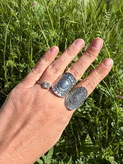 A light-skinned human hand is positioned against a background of green vegetation. The hand has three rings: a silver ring with a square diamond on the ring finger, and two large silver rings with intricate designs on the index and middle fingers. The background appears to be a field or area of dense greenery with a mix of grass and other plants. The lighting is bright, suggesting an outdoor setting under sunlight. No indication suggests this is Saguramo, Georgia.