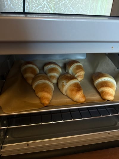 Inside what appears to be a small, silver-toned convection or toaster oven, six golden-brown croissants are arranged on a piece of light brown parchment paper. The parchment paper rests on a metal baking tray, which is positioned on a black wire rack. The oven's interior walls and bottom are visible, along with a partial view of a heating element at the top. Above the oven, a light-colored surface with a distinct white, branch-like or crackle pattern is visible. Below the oven, a dark brown, possibly wooden, surface is partially seen. The scene is located in Kurovskoye, Russia. No individuals are present.