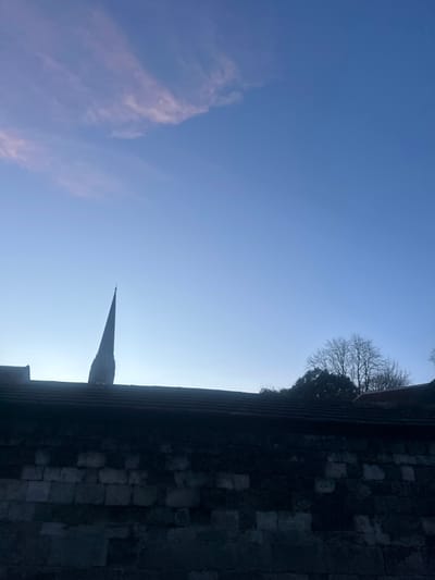 The image captures a static, exterior scene in Salisbury, United Kingdom, under low-light conditions, likely dawn or dusk. The foreground features a dark, roughly textured stone wall, constructed from varied rectangular blocks, heavily obscured by shadow. Immediately above this wall, a dark, tiled roof structure extends horizontally, with a secondary tiled roofline partially visible to the far right. The prominent subject in the mid-distance, positioned slightly left of center, is the distinct, slender spire of Salisbury Cathedral, observed in stark silhouette against the sky, topped by a small cross. To the right, above the roofline, a cluster of trees is discernible, including bare deciduous branches and denser evergreen foliage. The background comprises a clear, pale blue sky, exhibiting a slight gradient towards a lighter, pinkish hue in the upper-left quadrant, where faint, wispy cirrus clouds are present. No human figures or activities are depicted.