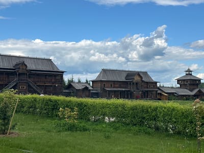 The image shows a rural scene in Vzglyadnevo, Russia, featuring traditional wooden architecture. Several large wooden structures with dark grey, gabled roofs dominate the view. These buildings appear to be multi-storied, with visible balconies, stairs, and decorative elements. A possible watchtower rises at the right side. In the foreground, a thick, manicured hedge runs horizontally across the frame, separating the buildings from a grassy field. Patches of water can be seen through the hedge. The sky is bright blue with puffy white clouds scattered across it. The overall impression is of a historical village or a reconstructed site intended to evoke traditional Russian building styles.
