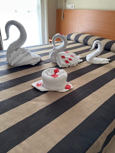 The image shows a bed with several white towel animals arranged on it. The bed is covered with a striped comforter, featuring alternating dark blue and light tan stripes. The towel animals are creatively folded and some are adorned with red petals, possibly from flowers.
There are at least four distinct towel formations visible. One appears to be a swan with its neck curved elegantly. Another resembles a peacock or a bird with fanned tail feathers. A third is shaped like a rabbit or a similar creature with prominent ears. The fourth towel creation is less distinct but suggests another animal form.
The setting appears to be a hotel room or a similar accommodation, indicated by the presence of a wall outlet and a telephone on a wall to the left of the image. The lighting suggests it is daytime, possibly morning or afternoon, with natural light filtering in from a window or balcony that is out of frame. The overall impression is one of thoughtful hospitality, with the towel art intended to welcome or delight guests. The location context of Lloret de Mar, Spain, further suggests a tourist-oriented setting, perhaps a resort or hotel.