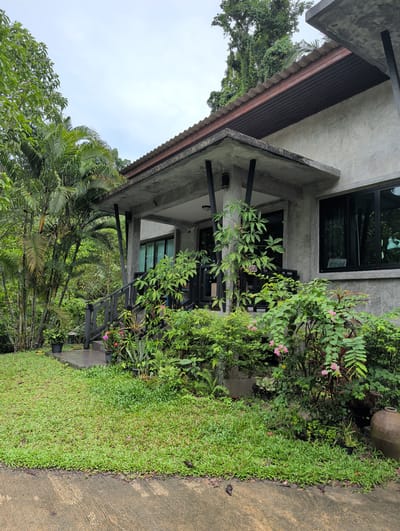 The image depicts the exterior of a modern-style building in Ko Pha-ngan, Thailand. The building features a gray concrete structure with a dark-colored roof and large windows. Lush tropical vegetation surrounds the building, including palm trees, shrubs, and flowering plants. A concrete walkway borders the edge of the vegetation. The sky is overcast.