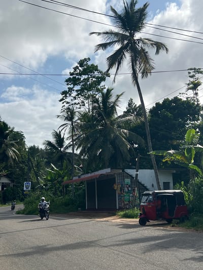 The image shows a street in Angulugaha Junction, Sri Lanka. The sky is cloudy. Palm trees line the side of the road. Power lines are visible overhead. A red tuk-tuk is parked on the side of the road. A small shop is adjacent to the tuk-tuk. A motorcycle with two people wearing helmets is traveling on the road. Another motorcycle is also visible on the road in the distance.