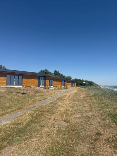 A row of modern wooden cabins with dark roofs and large glass doors are situated on dry, grassy terrain. A concrete pathway winds through the dry grass in front of the cabins. In the background, a clear blue sky stretches above a line of trees and the undulating coastline of the Black Sea, with waves visible. The scene appears to be located near Shabla, Bulgaria, potentially in a coastal resort or residential area. There are no people visible in the image.