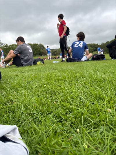 A grassy field shows people milling about. A person in a gray shirt kneels, while someone in a red shirt walks nearby. Another individual sits on the ground wearing a blue jersey with the number 24. Background figures wear similar blue uniforms. The overcast sky suggests a casual, outdoor gathering, possibly related to a sporting event. The lush green grass fills much of the frame.