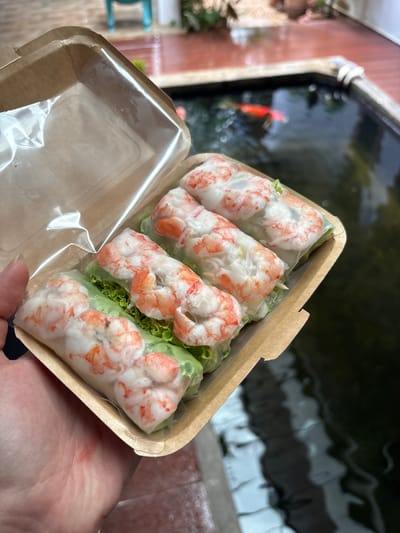 A close-up, eye-level shot shows four Vietnamese fresh spring rolls filled with shrimp and lettuce, presented in a brown cardboard take-out container with a clear plastic lid. The rolls are arranged in a line, with the shrimp prominently visible through the translucent wrapper. The container is held by a person's hand, which is partially visible on the left side of the frame. The background is blurred but appears to be an outdoor setting with a koi pond and red decking. The location is identified as Baan Kanok 23, Thailand.