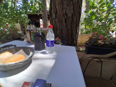 The image shows a table set for a meal outdoors, likely at a restaurant. A white tablecloth covers the table, and a basket filled with bread rolls sits on the left. To the right, there are several bottles, including two olive oil bottles, a dark glass bottle, and a clear plastic bottle of water with a red cap. A large tree trunk is prominently featured in the background, with lush green foliage and some pink flowers visible. The lighting suggests it is daytime, and the warm, sunny atmosphere implies pleasant weather. The setting appears to be a garden or patio area, possibly in a Mediterranean location given the foliage and style of seating visible in the lower right. There are hints of construction or rustic architecture in the background.
Visible text on the water bottle reads "0,5L" and "Gourmet." Other text is present on what appears to be a pack of cigarettes or a small brochure on the lower left of the table, with partial words visible like "20% YA" and "Deje...siga...". No people are visible in the image. The scene evokes a sense of relaxation and enjoyment of a meal in a natural, outdoor setting.