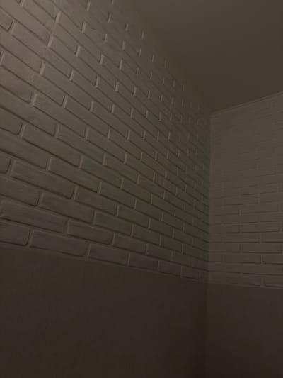 The media file depicts a textured surface, likely a wall and floor, covered in a repeating pattern of elongated bricks. The bricks are a uniform, dark grey color and appear to be made of a matte material, possibly painted brick or a similar textured finish. The lighting suggests a dimly lit environment, casting subtle shadows that highlight the three-dimensional quality of the brickwork. The perspective draws the viewer's eye diagonally across the scene, creating a sense of depth. The brick pattern appears consistent throughout the visible area. There are no people, objects, text, or discernible environmental cues like weather or time of day. The scene is an abstract representation of a textured architectural element.