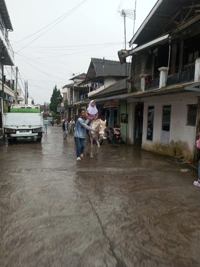 The scene depicts a wet, paved street in Chagzam_Pam, Bhutan, under an overcast sky. Multi-story buildings with varied facades and corrugated roofs line both sides of the thoroughfare; some exhibit balconies and clotheslines. Overhead, numerous utility lines intersect, and a prominent antenna is mounted on a rooftop to the right. In the midground, an adult male, wearing a blue denim jacket and jeans, walks on the right side of the street, guiding a light-colored horse or pony by its bridle. A young girl, dressed in a white hijab and pink attire, is seated on the horse, facing forward and smiling towards the camera. To the left, the rear of a white pickup truck with a green cargo bed is visible. Further down the street, indistinct figures, including an individual with a bicycle, are present. A red motor scooter is parked against a building on the right, positioned behind the horse. The wet pavement reflects ambient light.