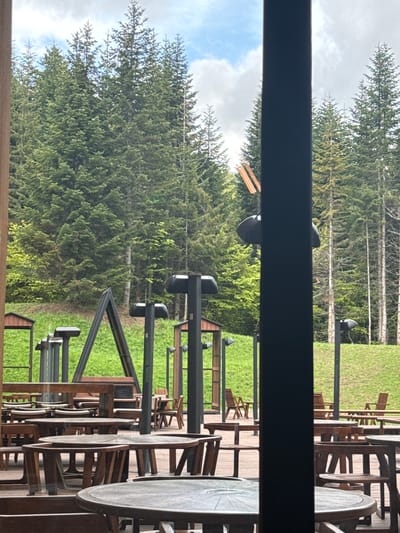 The scene is outdoors, likely a patio or deck setting, framed by a dark horizontal beam suggesting a partial view from inside a building. Several wooden tables and chairs are arranged on a wooden deck, suggesting a dining or gathering area. In the background, beyond the deck, is a dense green forest with tall trees reaching towards a sky with some clouds. There are also some lampposts visible between the trees. The overall impression is of a restaurant or lodge with outdoor seating, bordered by forest. There is no visual information that identifies the specific location as the city of Katun Bačko brdo, Montenegro.