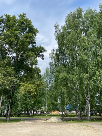 The image shows a daytime scene in the city of Kumyon, Russia, featuring a road with trees lining its sides. In the foreground, a dirt path leads towards the road. On the right side of the path, a pile of light-colored gravel is visible. The road itself is paved and appears to be a street in a residential area. On the opposite side of the road, there are buildings, including what appears to be a house with white siding and blue trim. Several trees, predominantly birch trees with their characteristic white bark, are scattered throughout the scene. One person, wearing red shorts and a light-colored shirt, is walking on the sidewalk on the other side of the road. The sky is cloudy with patches of blue. The overall impression is that of a typical summer day in a Russian town.