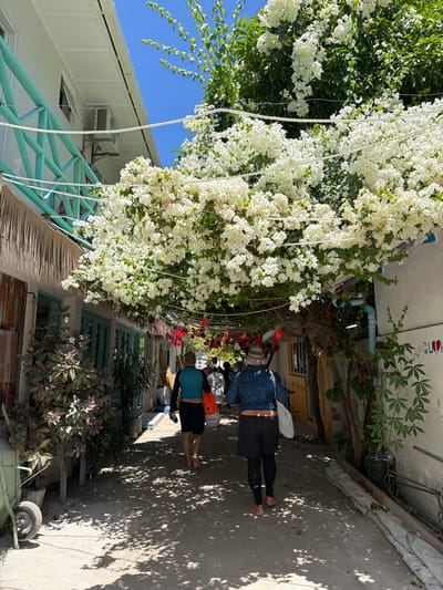 The image depicts a narrow, shaded pathway in Gulhi, Maldives, bordered by buildings on both sides. Overhead, a dense canopy of white bougainvillea flowers partially obscures the bright blue sky. Numerous strings of red heart-shaped decorations are suspended beneath the floral canopy. On the left, a white two-story building features a turquoise diagonal lattice railing on its upper level, with air conditioning units visible, and thatched eaves above turquoise-framed doors and windows at ground level. Potted plants and a green wheelbarrow are positioned along this wall. On the right, a lighter-colored wall displays green foliage and the partial vertically oriented text "GLUH" or "GULHI". Two individuals walk barefoot away from the viewer along the path. The person on the left wears a blue and dark blue rash guard and dark shorts, holding an orange cylindrical object. The person on the right wears a patterned blue and black top, dark shorts over dark leggings, a wide-brimmed hat, and carries a white tote bag. Dappled sunlight creates distinct shadow patterns on the sandy ground. Additional indistinct figures are visible further down the pathway in the background.