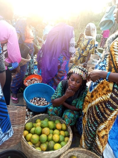 A bustling market scene unfolds with women adorned in vibrant, patterned clothing. Baskets overflow with green and yellow citrus fruit, while blue and orange plastic tubs hold nuts. A woman wearing a patterned headscarf sits amidst the produce, her hand thoughtfully resting on her chin. Other women stand around, possibly vendors or customers, engaged in conversation, creating a dynamic snapshot of local commerce.