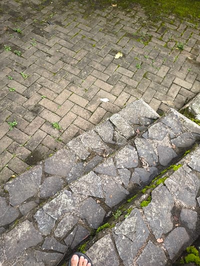 An overhead view depicts an outdoor pathway and stairs in Cimacan, Indonesia. The ground is diagonally split into two distinct paved sections. On the left, the path is covered with dark gray rectangular bricks arranged in a herringbone pattern. Moss and small green plants grow in the gaps between the bricks, with a few light-colored fallen leaves scattered on the surface. On the right, a set of stairs is visible, constructed from irregularly shaped, dark gray flagstones or broken concrete pieces. These steps also feature moss and small green plants thriving in their crevices, alongside some dried leaves. A human right foot, wearing a dark sandal, is positioned on the lowest step, indicating a person's presence. Diffused daylight suggests an overcast sky. There is no visible text in the image.