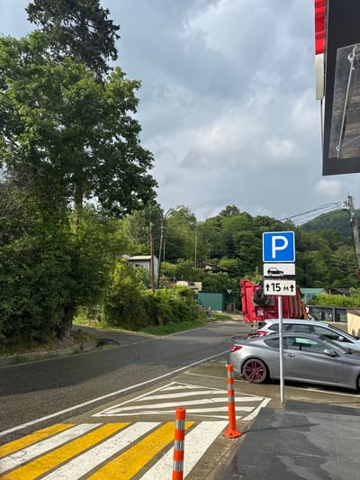 The image shows a street scene with a parking sign, a garbage truck, and cars. The parking sign is blue and white with a "P" symbol, indicating a parking area. Below it, there is a sign with a car symbol and an arrow pointing upwards, along with the text "15 m" which might indicate a distance or a specific parking instruction. A large red garbage truck is parked on the right side of the road, partially obscuring a silver car and a white car parked behind it. In the foreground, there is a pedestrian crossing with yellow and white stripes. The environment appears to be somewhat rural or suburban, with trees and vegetation visible in the background. There are also some buildings and utility poles. The sky is cloudy.
