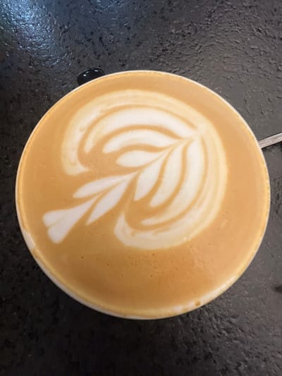 A white ceramic cup containing a latte with an intricately poured fern or rosetta design in white frothed milk against a tan-brown coffee surface is depicted from a top-down perspective. The cup is situated on a dark, textured surface, likely a granite or stone countertop, visible around the cup's perimeter. A portion of a black handle is visible at the upper left edge of the cup, and a metallic object, consistent with a spoon handle, is partially visible along the right edge of the frame. This scene takes place in a coffee shop environment in León, Mexico.