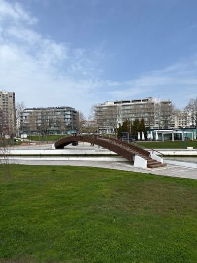 The scene depicts a public park in Aveiro, Portugal, specifically the Parque da Cidade de Aveiro, featuring the Ponte dos Laços (Bridge of Ribbons). The foreground consists of a wide expanse of manicured green grass. A light gray concrete pathway curves from the lower right towards a narrow canal, which is bordered by white concrete walls. Spanning this canal is a prominent pedestrian bridge constructed of dark brown wood, featuring an arched design, railings, and white concrete supports. Wooden steps are visible on the right side of the bridge, leading up to its deck.
Beyond the bridge, additional gray concrete pathways are present. Two indistinct human figures are observed walking across the bridge from left to right. Various bare deciduous trees are scattered throughout the park area, suggesting a late winter or early spring season. To the right of the bridge, an outdoor dining area is visible, equipped with multiple white patio umbrellas.
In the background, several multi-story urban buildings are present. On the far left, a tall, older-style concrete building stands. In the center-left, a modern multi-story building with dark-paneled facades and numerous windows is visible. To the right, another multi-story building with a lighter facade extends into the frame. The sky above is light blue with scattered, thin white clouds.