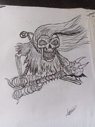 A black and white sketch depicts a skeletal figure with flowing hair and a chain around its neck, which includes a pentagram pendant. The figure is holding an instrument resembling a bone lute with a skull attached, and what might be a horned skull. The drawing is on white paper with the signature "Tekla" in the lower right corner. The setting or location in Karnobat, Bulgaria, is not evident in the image.