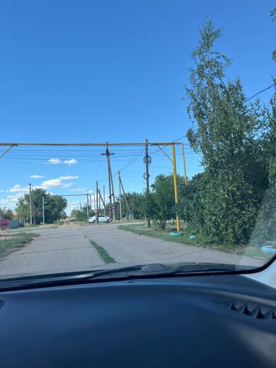 This image depicts a roadside scene in Rakhinka, Russia, on a clear day. The perspective is from inside a vehicle, likely a car, looking out the side window.
The primary subjects are a paved road running alongside a grassy area, with numerous utility poles and overhead wires stretching across the frame. Dense green trees and foliage line the road, some of which overhang the roadway. In the distance, a white car is visible. The sky is a vibrant, cloudless blue, suggesting fair weather and likely daytime. A yellow structure, possibly part of an electrical substation or a similar piece of infrastructure, is prominent in the mid-ground. The interior of the car, specifically the dark dashboard and part of the door panel, is visible on the right side of the image, indicating the viewpoint. The overall scene suggests a rural or semi-rural setting. No people are visible, and there is no visible text.