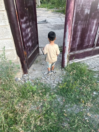 A young boy with dark hair, wearing a light-colored t-shirt and patterned shorts, stands facing away from the camera. He is positioned in an open doorway of a large, dark-colored gate. The gate appears to be made of metal and shows signs of wear and fading paint. The doorway opens onto a gravel-covered area, with some vegetation growing around the edges. In the background, more gravel and concrete are visible, along with some greenery and a rolled-up grey object. The scene is outdoors, possibly in a yard or courtyard, with a light-colored brick wall to the left of the gate. The lighting suggests it is daytime.
