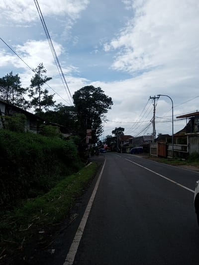 The image presents a static street scene captured in Domphoog_Dungkarchhoeling, Bhutan, under a partially cloudy sky. A dark gray asphalt road, marked with a solid white line along its right edge and a broken white line further left, extends into the distance, ascending slightly and curving gently to the left. No individuals or active vehicles are discernible within the frame.
On the left side of the road, a steep embankment covered in dense, dark green foliage occupies the foreground and midground. Behind this vegetation, several older, weathered structures are partially visible, interspersed with tall, slender conifer trees. Further along the left, a rectangular vertical sign with dark text on a lighter background displays "D'COKLAT" and "ELITE TIRE." Numerous black utility wires are strung overhead, crossing the sky.
On the right side of the road, a portion of the front right quarter panel of a white vehicle is visible in the immediate foreground. Beyond this, a light-colored residential-style building with a dark roof is situated behind a concrete wall. A prominent utility pole, heavily entangled with black wires, stands near the roadside, supporting an L-shaped streetlight arm that projects over the road. Further down, another partially obscured sign is present, and two light-colored vans are visible parked along the roadside. The sky features areas of blue interspersed with scattered white cumulus clouds.