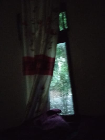This image presents an interior view of a dark room, presumably located in Panton, Indonesia, looking outwards through a partially obscured window. A light-colored curtain, featuring a prominent horizontal red band across its mid-section and subtle patterned details, hangs on the left side, partially covering the window frame. Through the visible portion of the window, lush green foliage, consistent with trees or bushes, is discernible, suggesting an outdoor natural environment. The exterior lighting appears brighter than the dim interior. In the bottom-right foreground, a blurred object of purple-pink fabric rests on an unspecified surface, likely a windowsill or bed. No individuals or specific actions are visible within the frame.