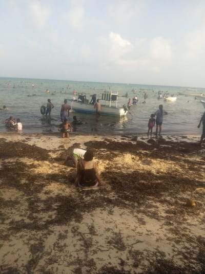 The image depicts a crowded coastal scene in Shanzu ward, Kenya. The foreground consists of a sandy beach extensively covered with dark brown seaweed. An adult female, dressed in a dark top and lighter bottoms, is seated facing away from the viewer, appearing partially covered in sand or mud. Another individual is partially visible kneeling behind her. The midground shows shallow ocean water, where approximately 10-15 individuals, including children and adults, are wading, standing, or playing. A young boy holds a black inner tube. A white motorboat with a blue stripe and a canopy is present in the water, with several people around it. The background reveals a vast expanse of ocean populated by dozens of additional individuals swimming or wading further out, and at least two other boats are visible. The sky is light blue with scattered white clouds.