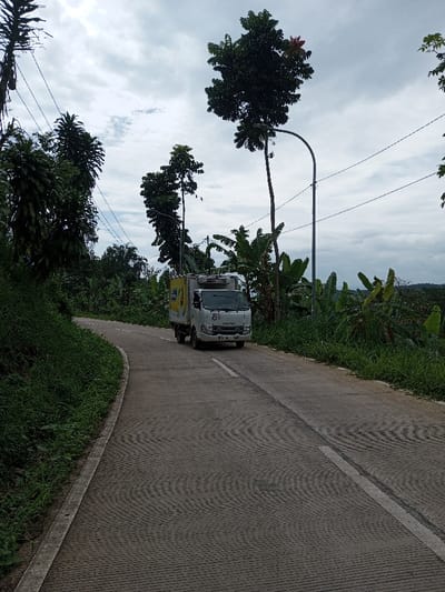 This image displays a paved road in Ariyalai, Sri Lanka, under an overcast sky. A white, medium-sized box-body truck, possibly an Isuzu, featuring a yellow and blue graphic on its side, is positioned on the road, moving away from the viewer. The road exhibits a textured surface pattern and a dashed white line marking its center or edge, curving gently to the left in the foreground. Dense green vegetation, including tall trees and banana plants, flanks both sides of the road. Overhead utility lines traverse the upper frame, and a single street light pole is visible on the right side of the road, behind the truck. No individuals are present. Distant, tree-covered hills are visible beneath the cloudy sky in the background.