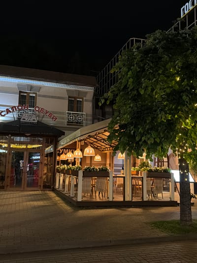 This image captures a street view at night in Kislovodsk, Russia, focusing on the facade of a building housing a shoe store and an outdoor cafe or restaurant area. The shoe store, labeled "САЛОН ОБУВИ AVA COLLECTION" in red Cyrillic and Latin script, has a glass entrance and is illuminated by interior lights and decorative string lights. Adjacent to it is a covered outdoor seating area with glass walls, featuring several tables and chairs. Woven pendant lamps hang from the canopy, casting a warm glow, and planter boxes with white flowers line the enclosure. A large, leafy tree decorated with small white lights stands to the right of the cafe. The sidewalk is paved with brick. The overall scene is well-lit, highlighting the commercial and dining establishments.