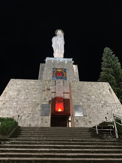 The image displays the Monument of the Mother of God, located in the city of Haskovo, Bulgaria, at night. The central subject is a tall, white statue of the Virgin Mary with a halo, positioned atop a multi-tiered, stone-clad pedestal structure. The statue depicts the Virgin Mary in flowing robes, with her hands clasped.
Below the statue, the top tier of the pedestal is adorned with white string lights. Directly beneath this, a prominent square stained-glass window features a stylized red heart surrounded by radiating patterns in yellow, blue, and black. Further down, an entrance or alcove within the structure is illuminated with a strong red light. Rectangular plaques are affixed to the stone walls on either side of this red-lit area, but their inscriptions are illegible.
The entire structure is faced with irregular, light-toned stone blocks. A wide, tiered staircase made of rough-hewn stone steps leads upwards to the base of the monument. To the left of the steps, a dark green bush is visible. To the right of the steps, a white metal structure, possibly a wheelchair lift mechanism, is installed, and a tall evergreen tree stands adjacent to the monument, its dark foliage contrasting with the illuminated stone. The background is a dark, clear night sky, with no discernible atmospheric features. Artificial lights illuminate the statue, the stained-glass window, the red alcove, and the stone façade. No individuals are present in the scene.