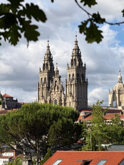 The image captures a distant view of the Santiago de Compostela Cathedral in Spain, its grand stone towers silhouetted against a cloudy sky. The cathedral's ornate architecture, characterized by intricate carvings and multiple spires, is partially obscured by lush green trees and foliage in the foreground. The lower portion of the image reveals a cityscape with red-tiled roofs, some residential buildings, and what appears to be a telecommunication antenna. The scene is bathed in natural light, suggesting it was taken during daylight hours. The overall impression is one of historical grandeur juxtaposed with the everyday life of a European city.