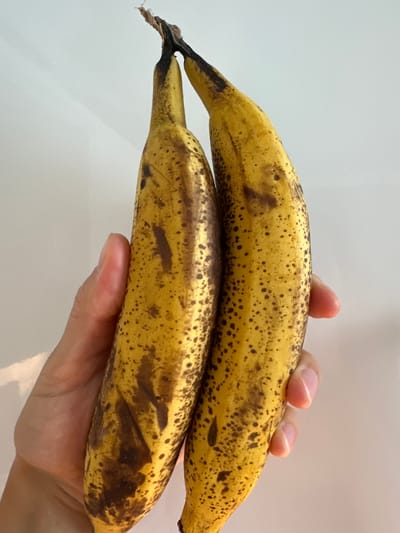 Two ripe bananas are held by a person's left hand against a plain, pale background. The bananas are yellow with numerous brown spots, indicating ripeness. The stems of the bananas are partially visible at the top, with some brown discoloration. The background appears to be a wall, possibly an indoor setting. No specific location in the city of Unknown, Türkiye is discernible from the image.