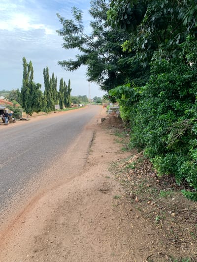 The image captures a dusty, rural road in Kabba, Nigeria, on what appears to be an overcast day. The road is paved with asphalt and bordered by sandy soil and sparse vegetation. On the left side of the road, a few structures, possibly market stalls or small shops, are visible, with two individuals standing near one of them. A line of tall, slender cypress trees stands opposite these structures. The right side of the road is dominated by a thick growth of lush green bushes and trees, obscuring much of the background. Further down the road, the terrain appears to be gently sloping, with more buildings and trees visible in the distance, along with a telecommunications tower. The overall impression is one of a quiet, semirural setting.