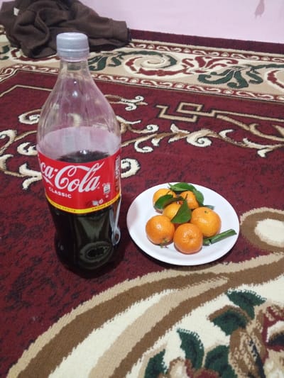 This image depicts an indoor scene in Gijduvan, Uzbekistan. On a patterned floor rug, a partially consumed 2-liter plastic bottle of Coca-Cola Classic with a gray screw cap stands upright. To its right, a white ceramic plate holds approximately six small, orange citrus fruits, possibly mandarins or tangerines, several of which retain green leaves. The rug features intricate patterns in dark red, cream, beige, and dark green. In the upper left background, a crumpled dark brown fabric item is visible against a plain, light pink wall. No individuals are present, and no actions are occurring.