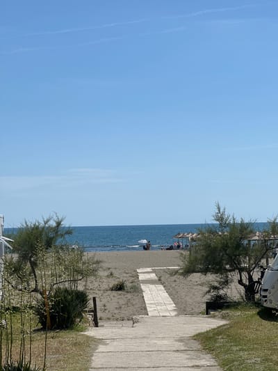 The image shows a scene at the beach in Donji Štoj, Montenegro. The sky is clear and blue. The sea is also blue, and there are people in the water and on the beach, some under umbrellas. A sandy beach separates the sea and a paved area, alongside which grass and shrubs grow. A parked white campervan is partially visible.