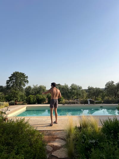 The image depicts an outdoor swimming pool area in a rural setting near Ceglie Messapica, Italy. A male subject, seen from behind, stands on light-colored paving beside a rectangular pool filled with light blue water. He is shirtless, wearing dark-striped swim shorts and flip-flops. His left arm is extended forward and slightly to the left, as if pointing. On the far side of the pool, two dark lounge chairs, one with a white striped towel, and a small white table are present on the paving. The background features an extensive landscape dominated by numerous olive trees and other green vegetation under a clear, light blue sky. In the foreground, a path of irregular stone slabs is flanked by green bushes and tall feathery grasses. The scene is illuminated by natural sunlight, casting soft shadows.