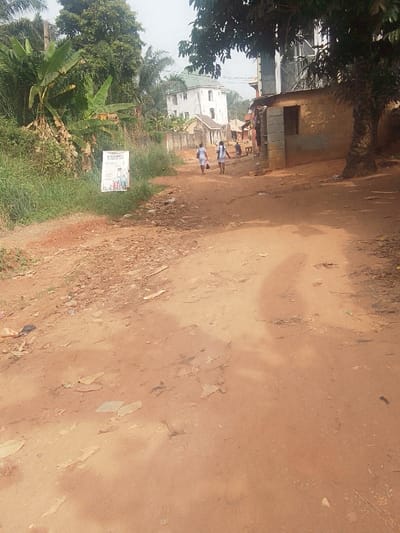 A dirt road extends into the distance, flanked by vegetation on the left and buildings on the right. Two figures in light-colored clothing walk along the road. A poster stands on the left. Buildings are visible further up the road, including a larger white building. The road surface is rough and uneven. Shadows are cast across the road.