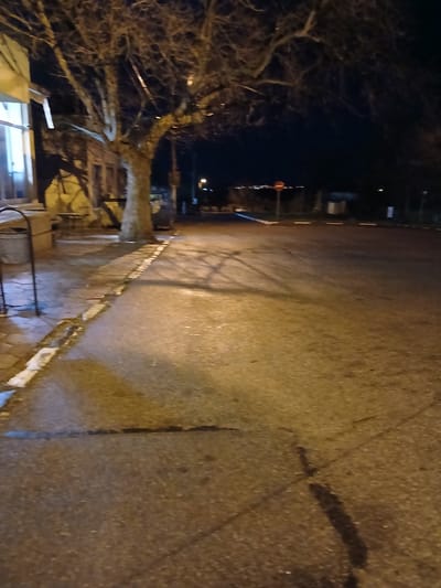 The image depicts a dark, possibly night-time scene in Malko Chochoveni, Bulgaria. The foreground is a paved surface, likely a road or walkway. The paving appears uneven and possibly damp, with indistinct markings or shadows. A low barrier or curb runs along the edge of the paved area, partially obscured by shadows and debris. To the left, bare tree branches are visible against a dark sky. Distant streetlights or building lights provide a minimal source of illumination, casting faint shadows across the pavement. The image's composition suggests a low vantage point, possibly taken from ground level. No people or animals are visible in the frame.